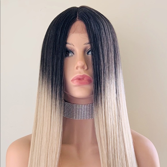 Long 36” Ombre Mocha Platinum Color Premium Fiber Lace Front Wig - Picture 4 of 13